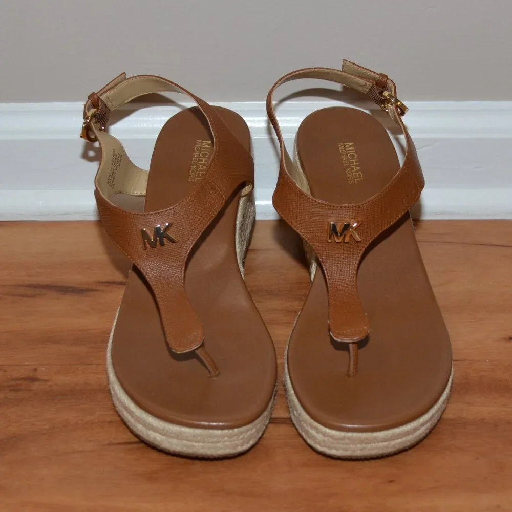 MICHAEL KORS LANEY LOGO ESPADRILLE WEDGE SANDALS LUGGAGE SIZE 8 MSRP $165.00